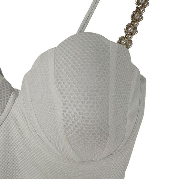 Shell Cup Swimsuit One Piece White Jeweled Straps Size XL Shein Underwired Swim - Picture 6 of 13